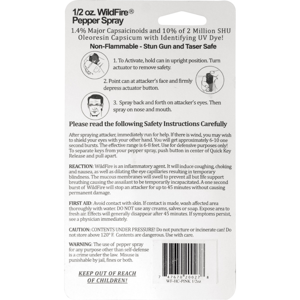 Wildfire 1.4% MC 1/2 oz pepper spray hard case with quick release keychain pink view 3